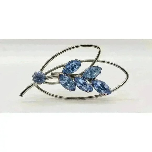 Vintage Brooch Silver with Blue Rhinestone MCM Schreiner Style - Picture 2 of 7